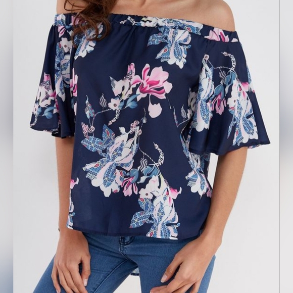 Style Dome Blue Floral Off The Shoulder Blouse,  Sz L NWT - Picture 3 of 8